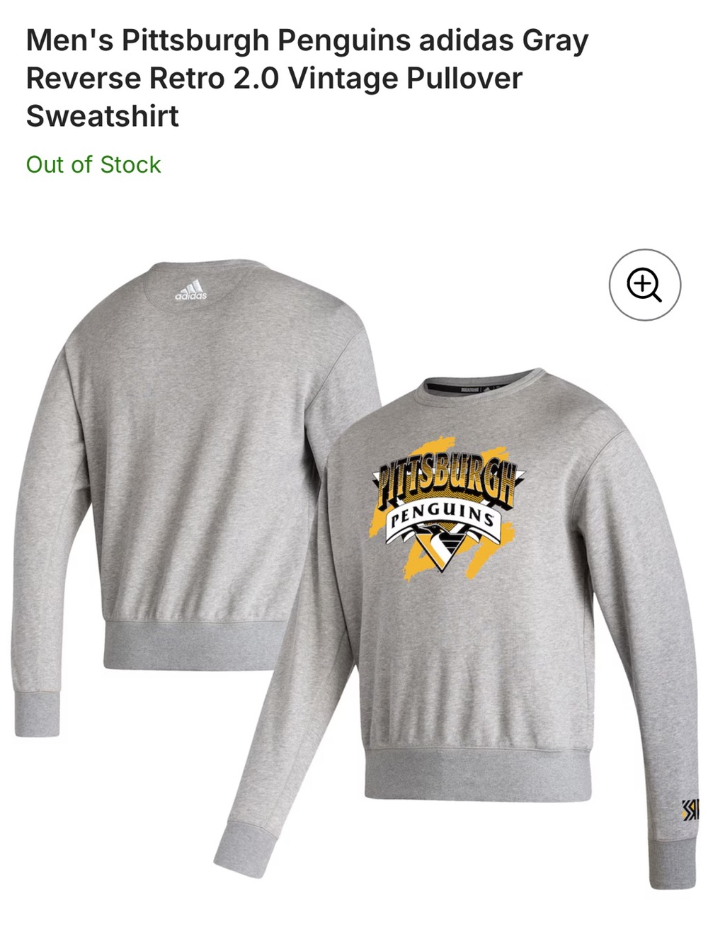 Men’s Medium Pittsburgh Penguins Adidas Gray Reverse Retro 2.0 Vintage Pullover